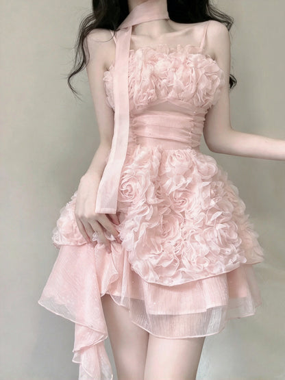 Romantic Pink 3D Floral Spaghetti Strap Ruched Asymmetrical A Line Short Homecoming Dress AS2989