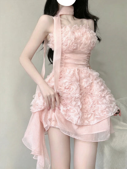 Romantic Pink 3D Floral Spaghetti Strap Ruched Asymmetrical A Line Short Homecoming Dress AS2989