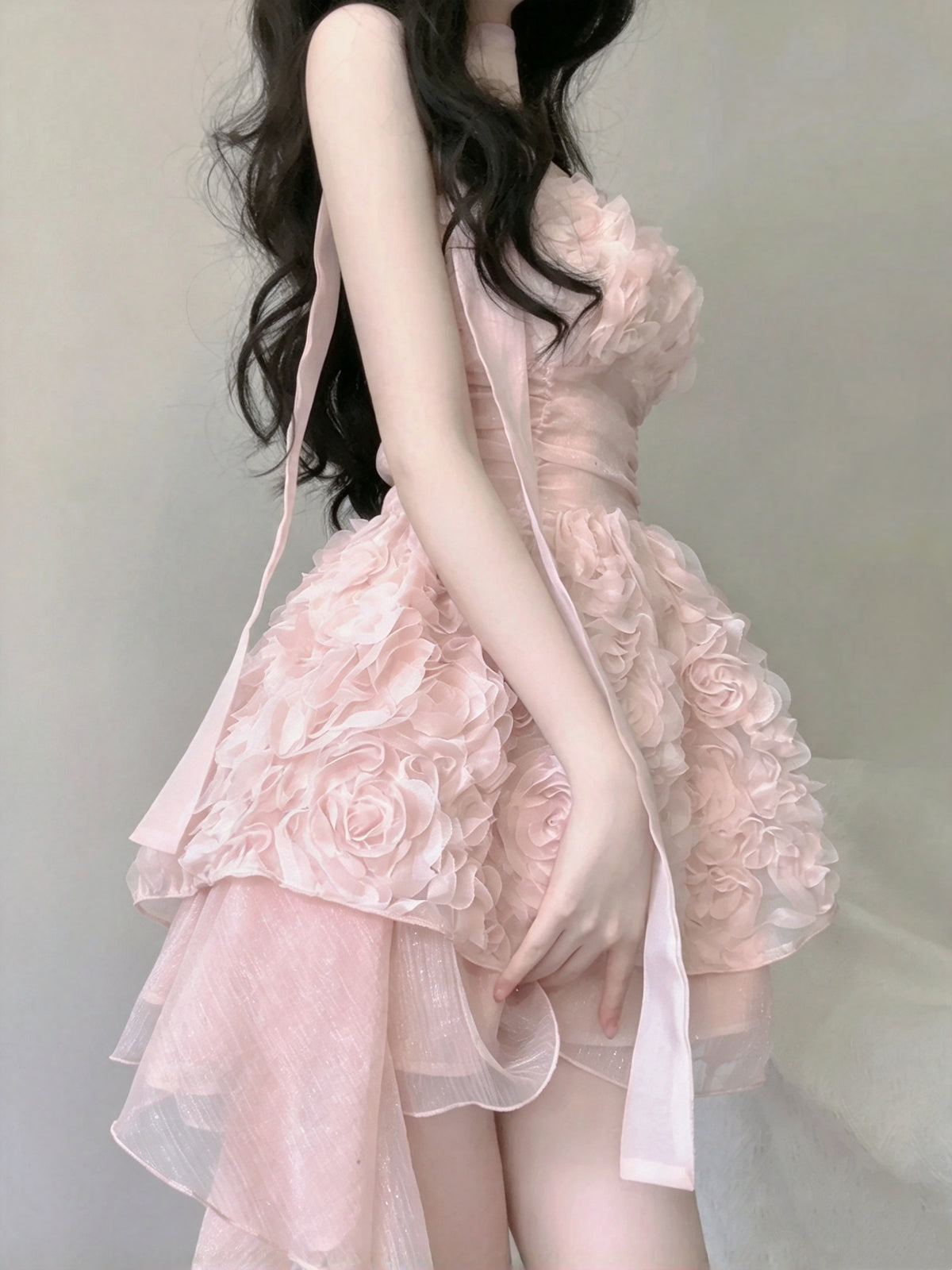 Romantic Pink 3D Floral Spaghetti Strap Ruched Asymmetrical A Line Short Homecoming Dress AS2989