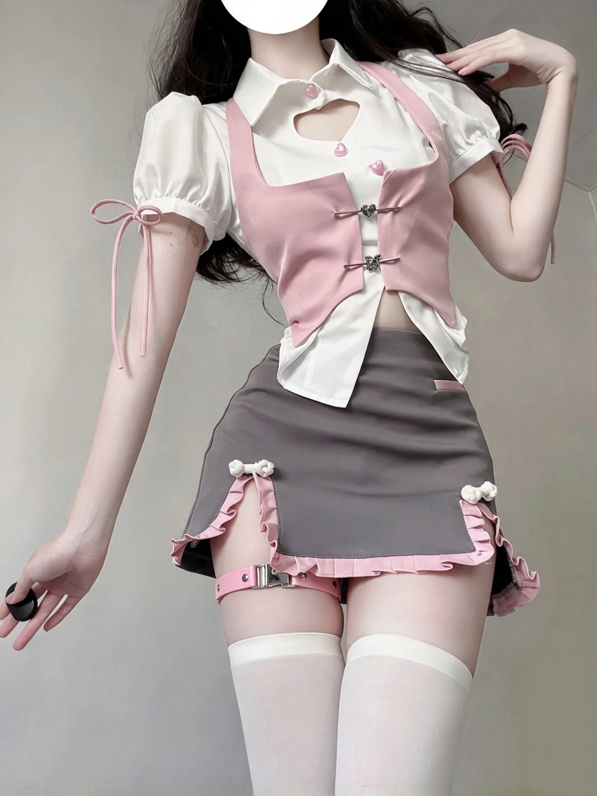 Cute White Collar Puff Sleeve Heart Cutout Shirt With Pink Vest And Grey Ruffle Mini Skirt Set Bodycon Homecoming Dress AS2992