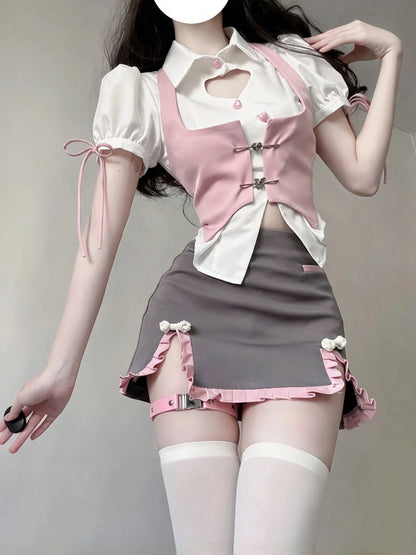 Cute White Collar Puff Sleeve Heart Cutout Shirt With Pink Vest And Grey Ruffle Mini Skirt Set Bodycon Homecoming Dress AS2992