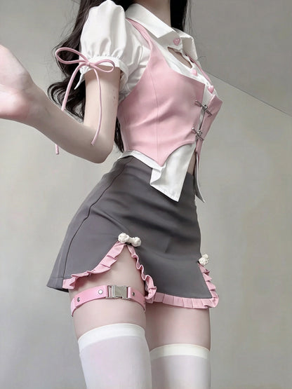 Cute White Collar Puff Sleeve Heart Cutout Shirt With Pink Vest And Grey Ruffle Mini Skirt Set Bodycon Homecoming Dress AS2992