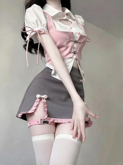 Cute White Collar Puff Sleeve Heart Cutout Shirt With Pink Vest And Grey Ruffle Mini Skirt Set Bodycon Homecoming Dress AS2992