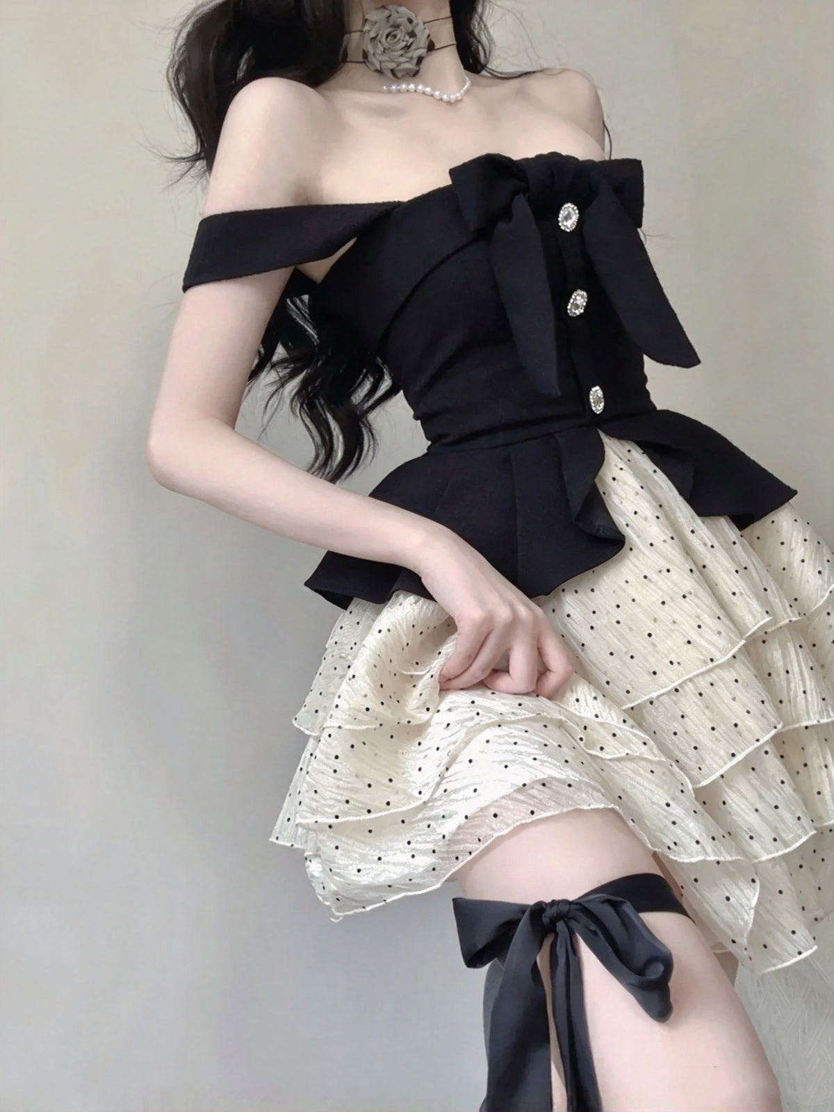 Chic Black Off Shoulder Bow Rhinestone Detail A Line Polka Dot Tiered Ruffle Short Homecoming Dress AS2993