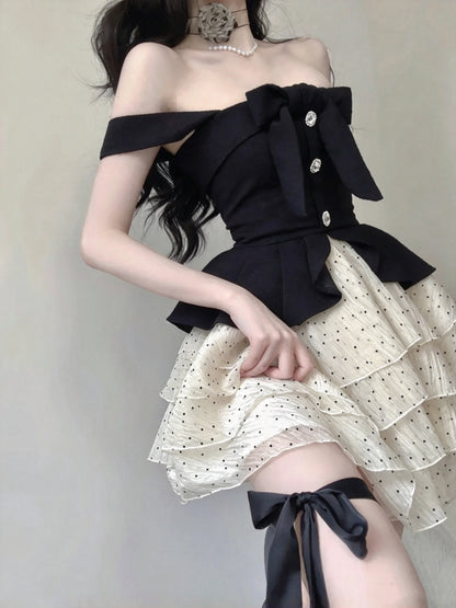 Chic Black Off Shoulder Bow Rhinestone Detail A Line Polka Dot Tiered Ruffle Short Homecoming Dress AS2993