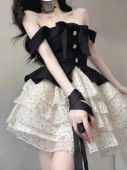 Chic Black Off Shoulder Bow Rhinestone Detail A Line Polka Dot Tiered Ruffle Short Homecoming Dress AS2993