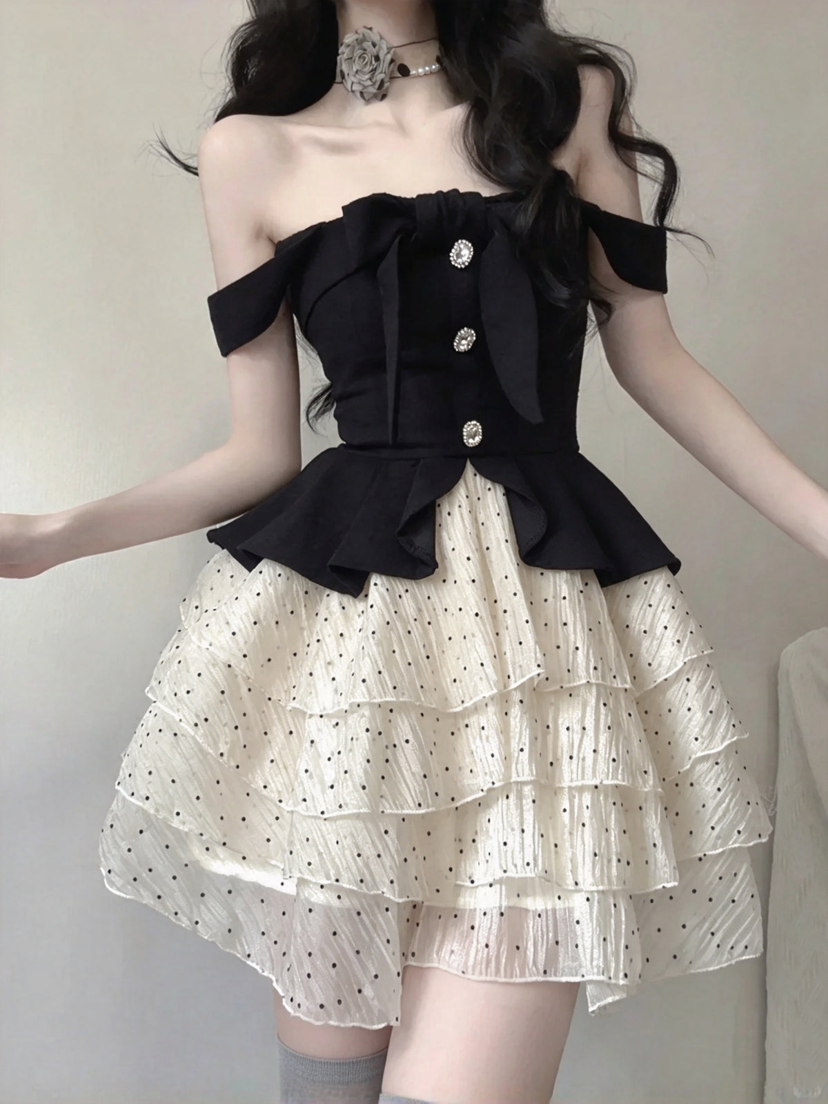 Chic Black Off Shoulder Bow Rhinestone Detail A Line Polka Dot Tiered Ruffle Short Homecoming Dress AS2993