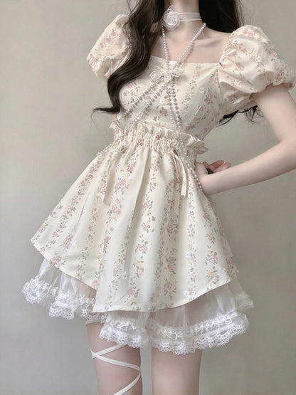Delicate Ivory Floral Square Neck Puff Short Sleeve A Line Short Homecoming Dress AS2995