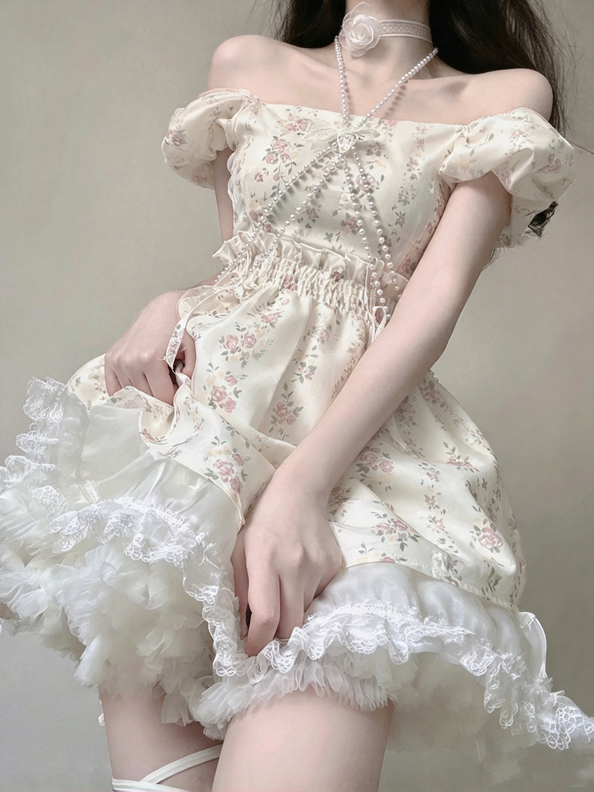 Delicate Ivory Floral Square Neck Puff Short Sleeve A Line Short Homecoming Dress AS2995