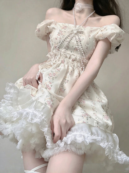Delicate Ivory Floral Square Neck Puff Short Sleeve A Line Short Homecoming Dress AS2995