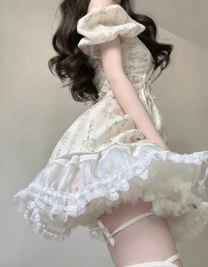 Delicate Ivory Floral Square Neck Puff Short Sleeve A Line Short Homecoming Dress AS2995