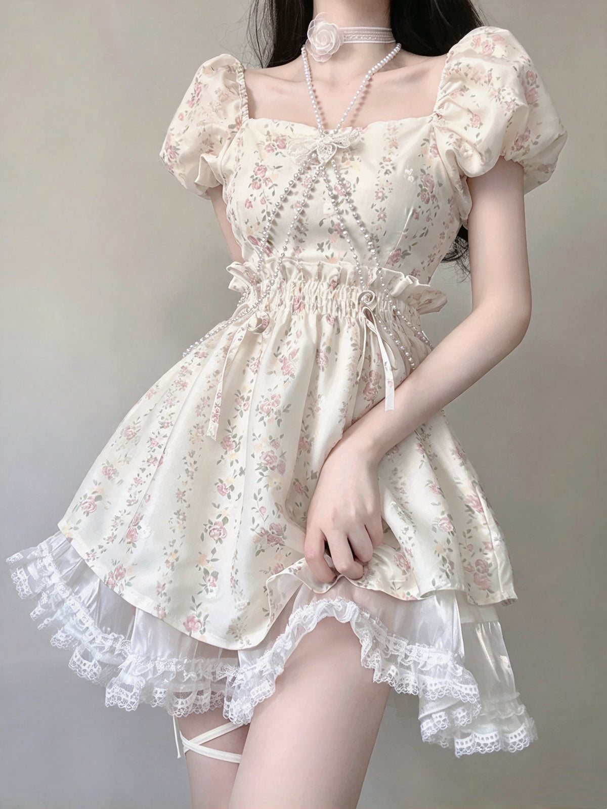 Delicate Ivory Floral Square Neck Puff Short Sleeve A Line Short Homecoming Dress AS2995
