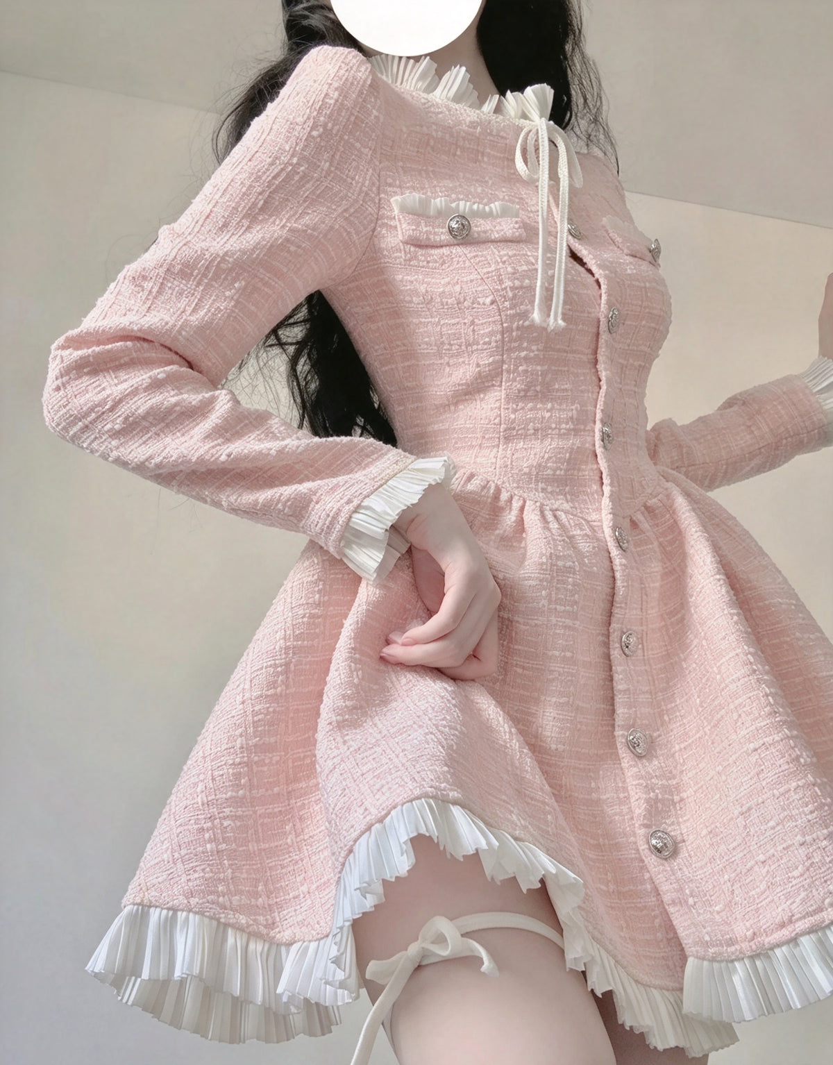 Chic Pink Tweed Ruffle Collar Bow Long Sleeve Button Front A-line Short Homecoming Dress AS2996