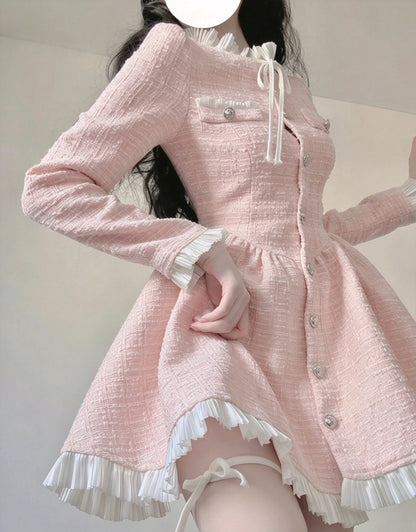 Chic Pink Tweed Ruffle Collar Bow Long Sleeve Button Front A-line Short Homecoming Dress AS2996
