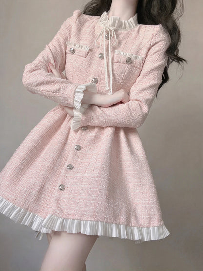 Chic Pink Tweed Ruffle Collar Bow Long Sleeve Button Front A-line Short Homecoming Dress AS2996