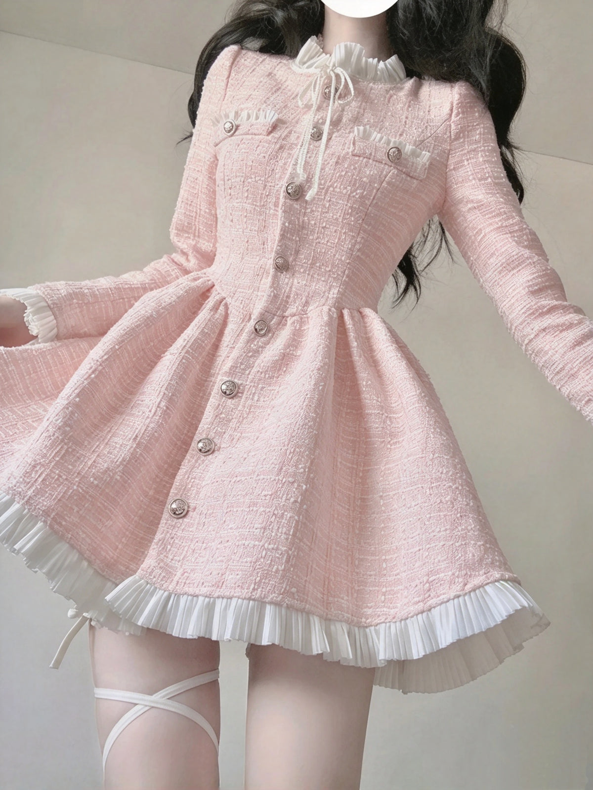 Chic Pink Tweed Ruffle Collar Bow Long Sleeve Button Front A-line Short Homecoming Dress AS2996