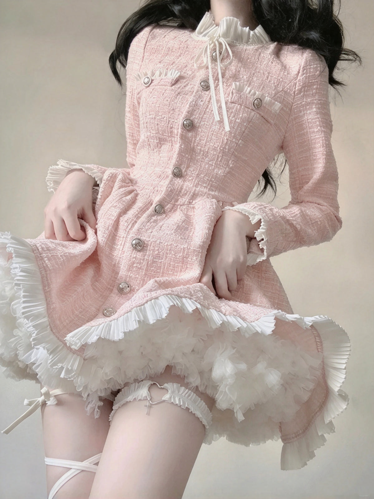 Chic Pink Tweed Ruffle Collar Bow Long Sleeve Button Front A-line Short Homecoming Dress AS2996