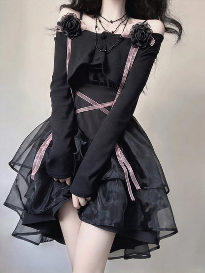 Edgy Black Off Shoulder 3D Rose Pink Ribbon Shrug A Line Short Homecoming Dress AS2997