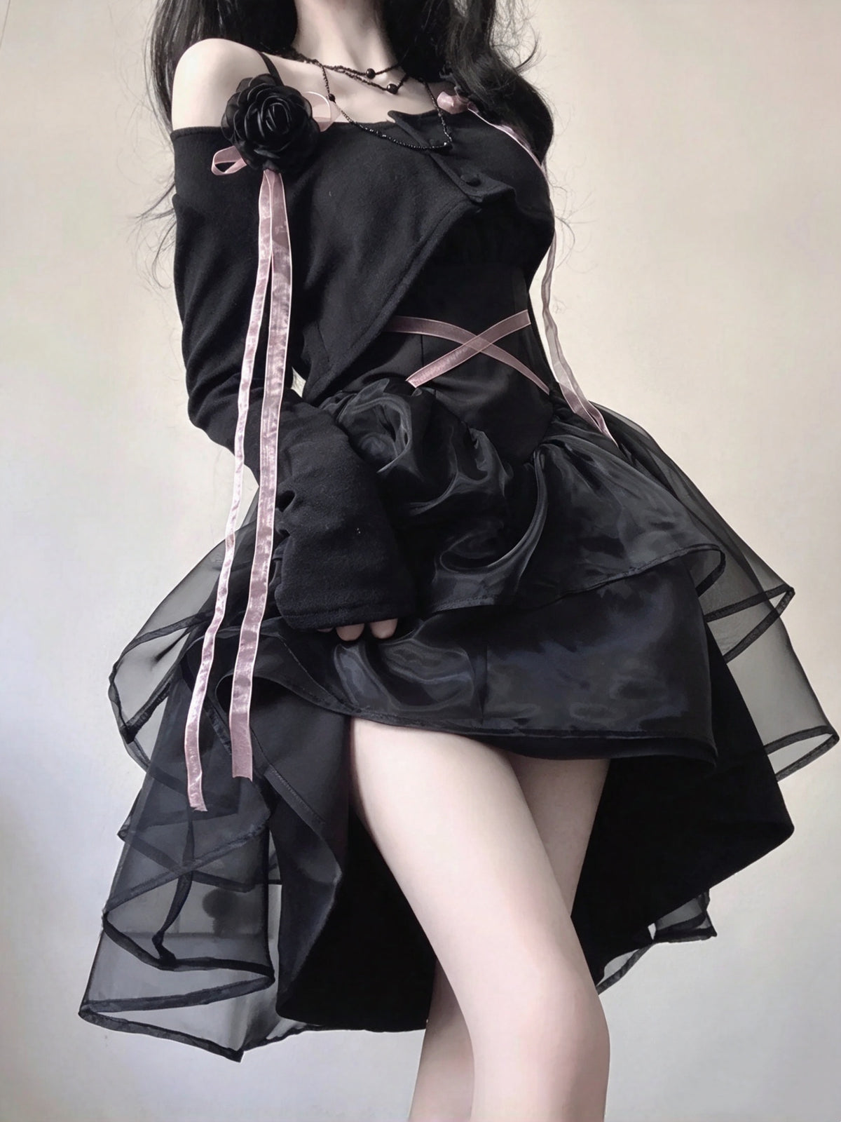 Edgy Black Off Shoulder 3D Rose Pink Ribbon Shrug A Line Short Homecoming Dress AS2997