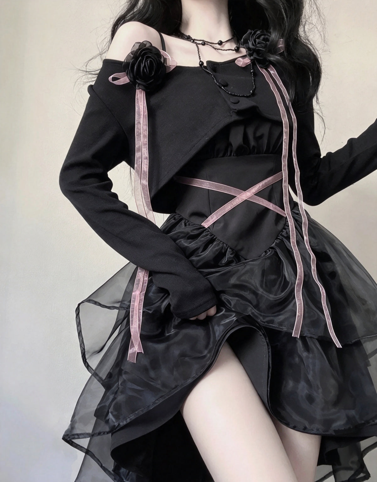 Edgy Black Off Shoulder 3D Rose Pink Ribbon Shrug A Line Short Homecoming Dress AS2997
