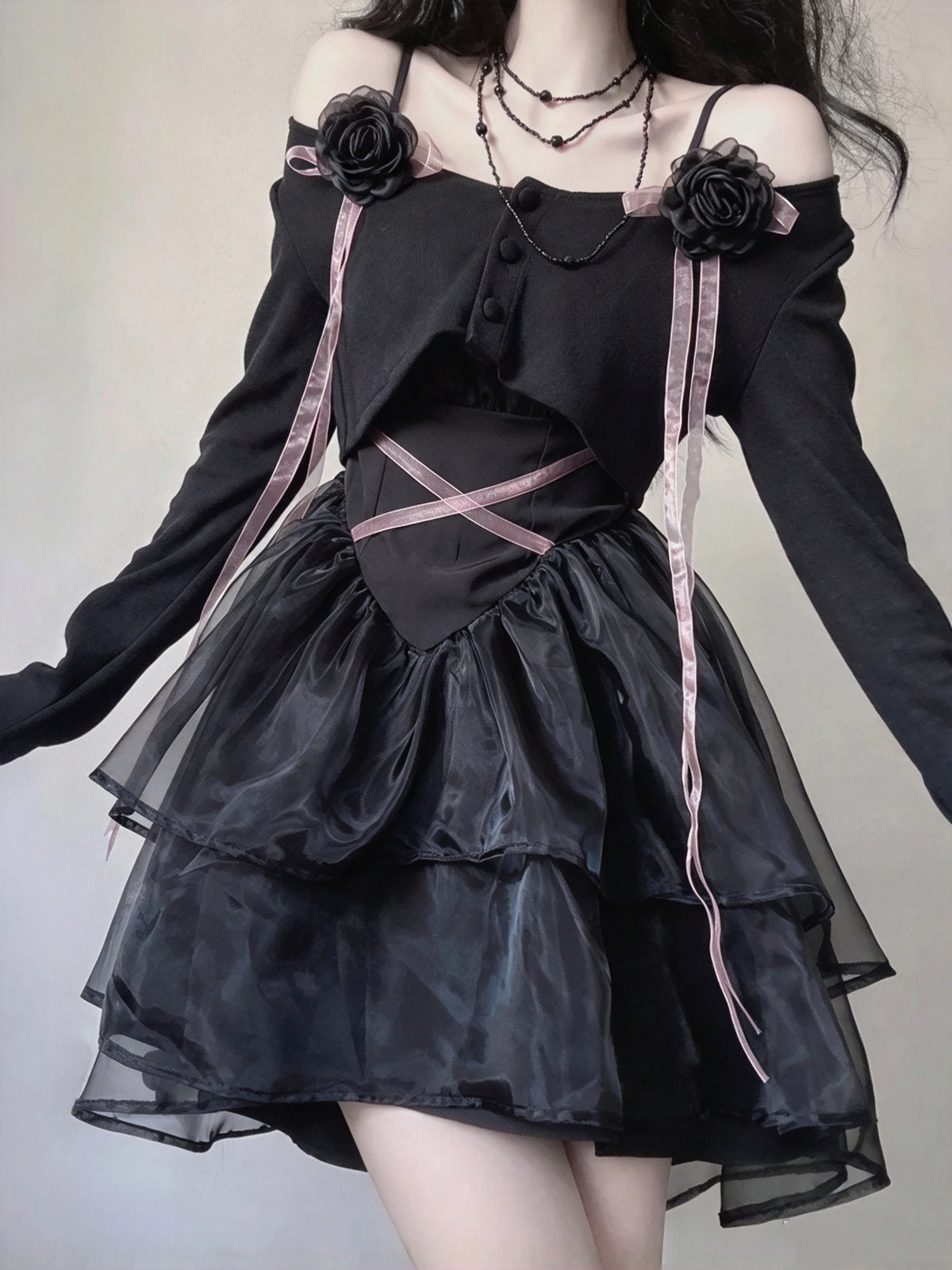 Edgy Black Off Shoulder 3D Rose Pink Ribbon Shrug A Line Short Homecoming Dress AS2997