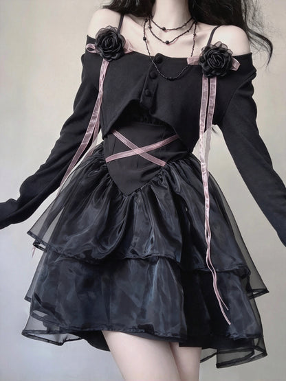 Edgy Black Off Shoulder 3D Rose Pink Ribbon Shrug A Line Short Homecoming Dress AS2997