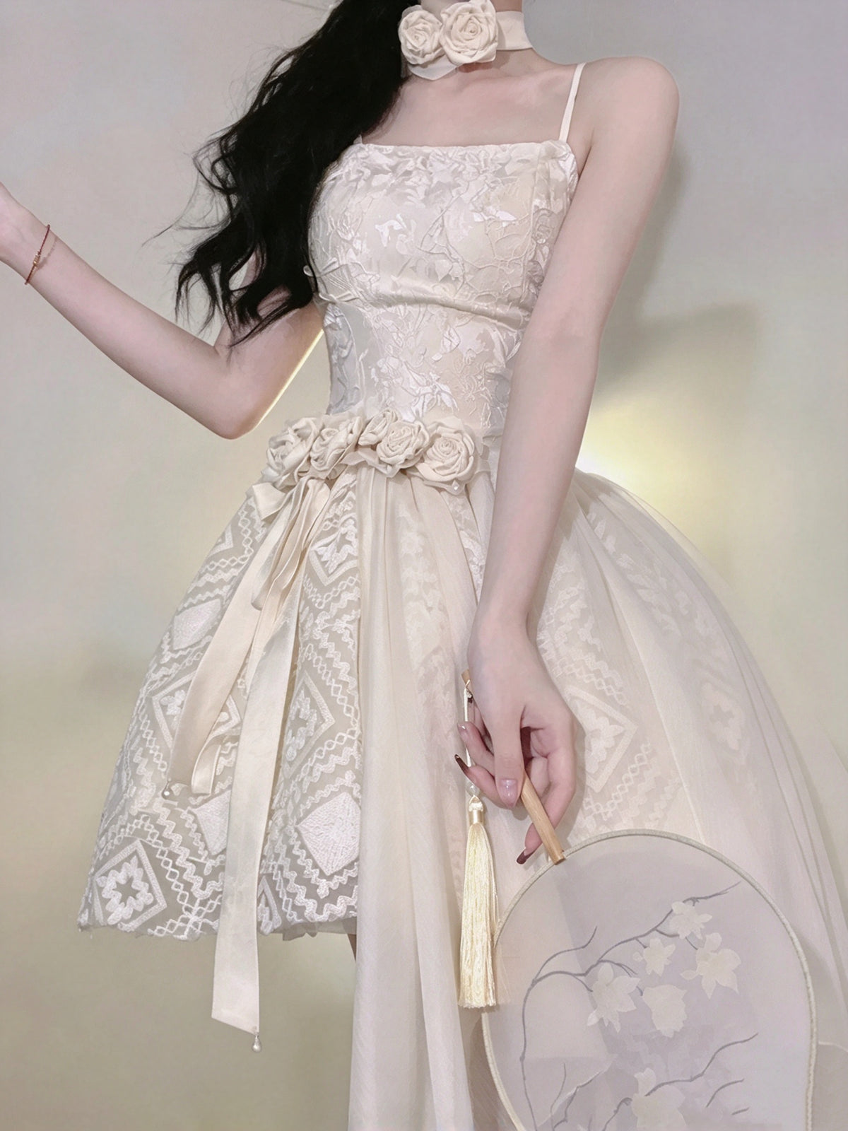 Elegant Cream Spaghetti Strap 3D Floral Decor Asymmetrical Tulle A Line Short Homecoming Dress AS2999