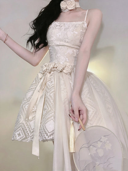 Elegant Cream Spaghetti Strap 3D Floral Decor Asymmetrical Tulle A Line Short Homecoming Dress AS2999