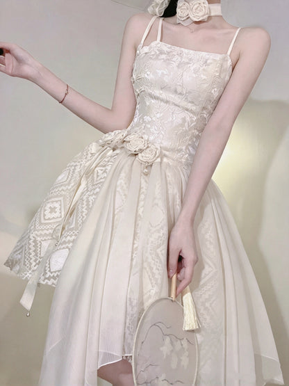Elegant Cream Spaghetti Strap 3D Floral Decor Asymmetrical Tulle A Line Short Homecoming Dress AS2999