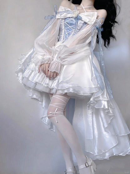 Dreamy Blue White Halter 3D Floral Bow Ruffle High Low A Line Homecoming Dress With Detachable Sleeves AS3000