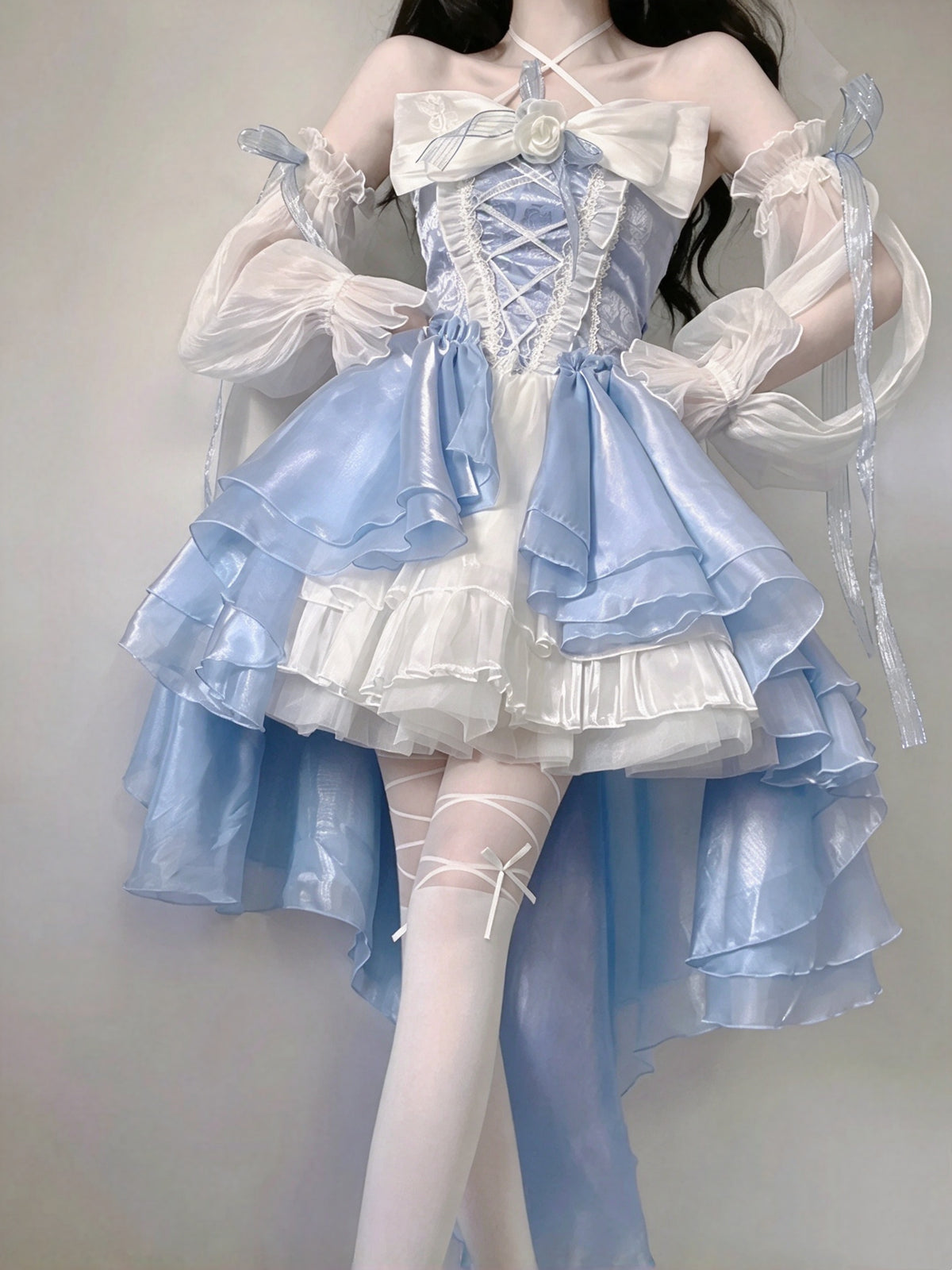 Dreamy Blue White Halter 3D Floral Bow Ruffle High Low A Line Homecoming Dress With Detachable Sleeves AS3000