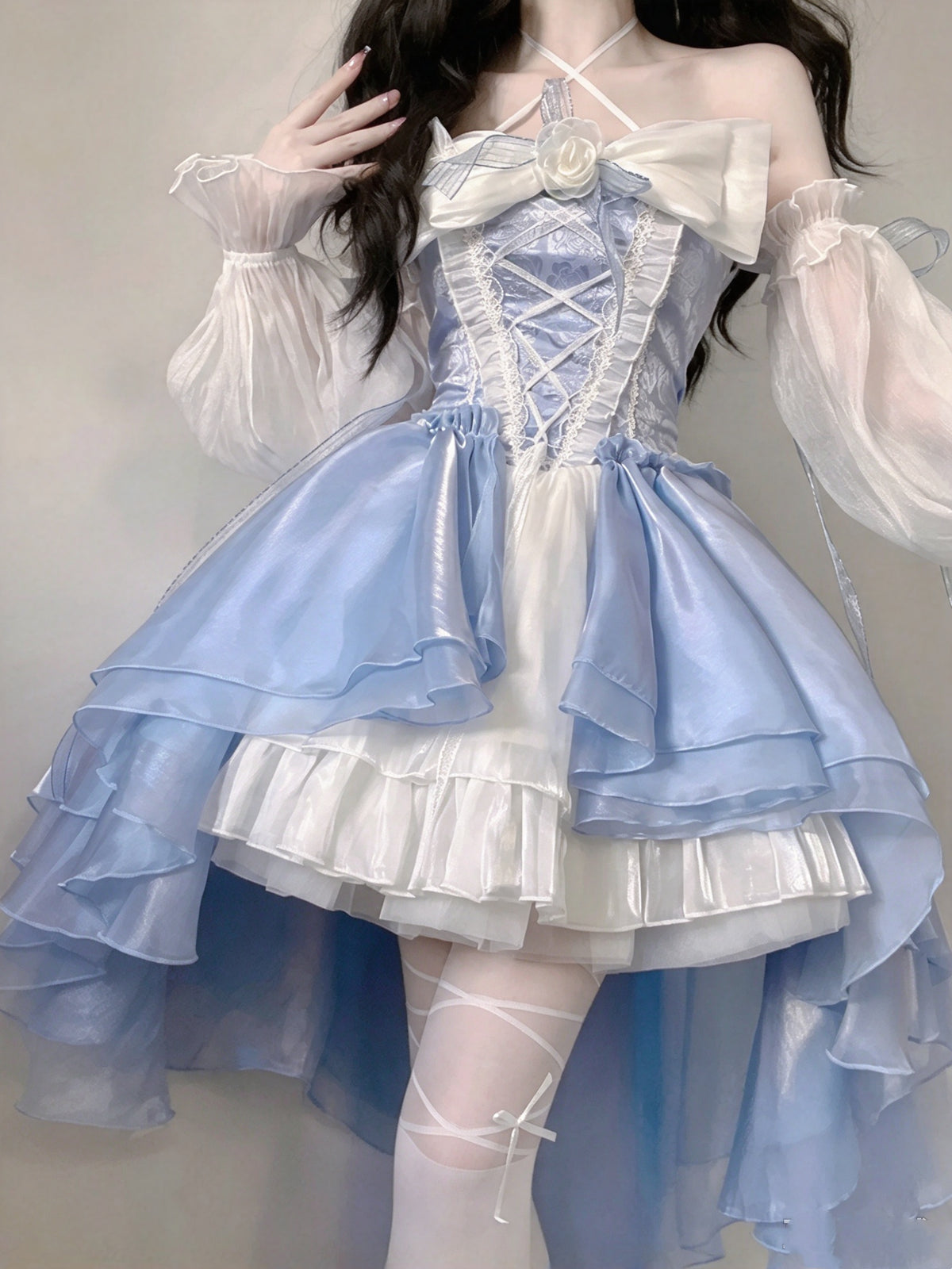 Dreamy Blue White Halter 3D Floral Bow Ruffle High Low A Line Homecoming Dress With Detachable Sleeves AS3000