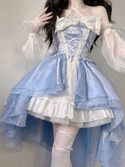Dreamy Blue White Halter 3D Floral Bow Ruffle High Low A Line Homecoming Dress With Detachable Sleeves AS3000