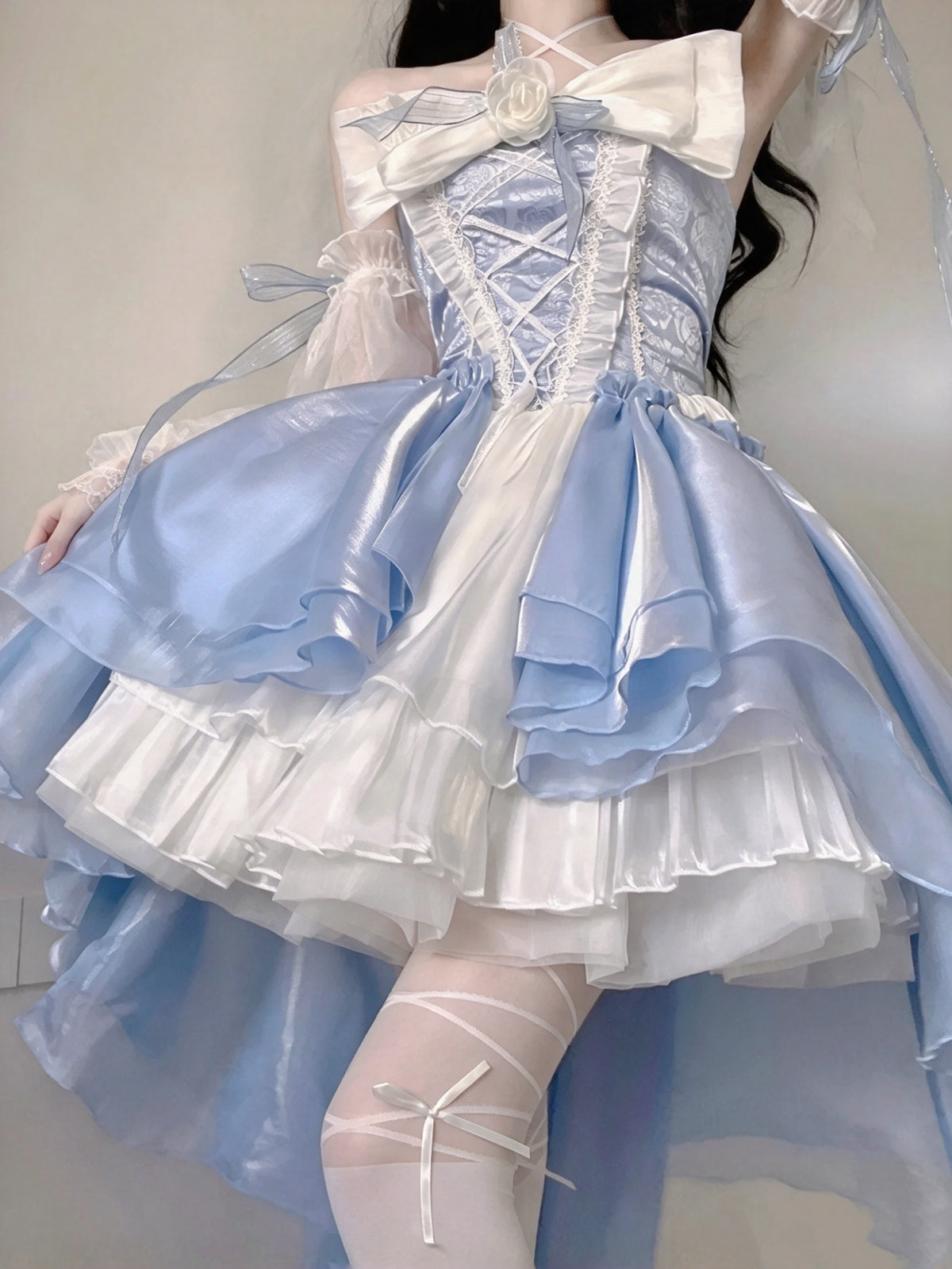 Dreamy Blue White Halter 3D Floral Bow Ruffle High Low A Line Homecoming Dress With Detachable Sleeves AS3000