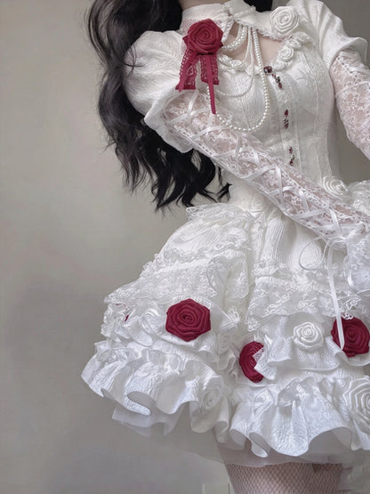 Romantic White Puff Sleeve Cutout Front Lace 3D Red Rose Beaded A Line Short Homecoming Dress AS3001