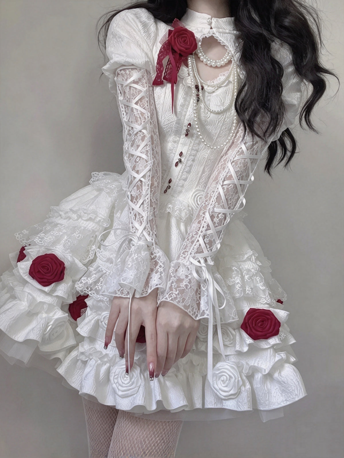 Romantic White Puff Sleeve Cutout Front Lace 3D Red Rose Beaded A Line Short Homecoming Dress AS3001
