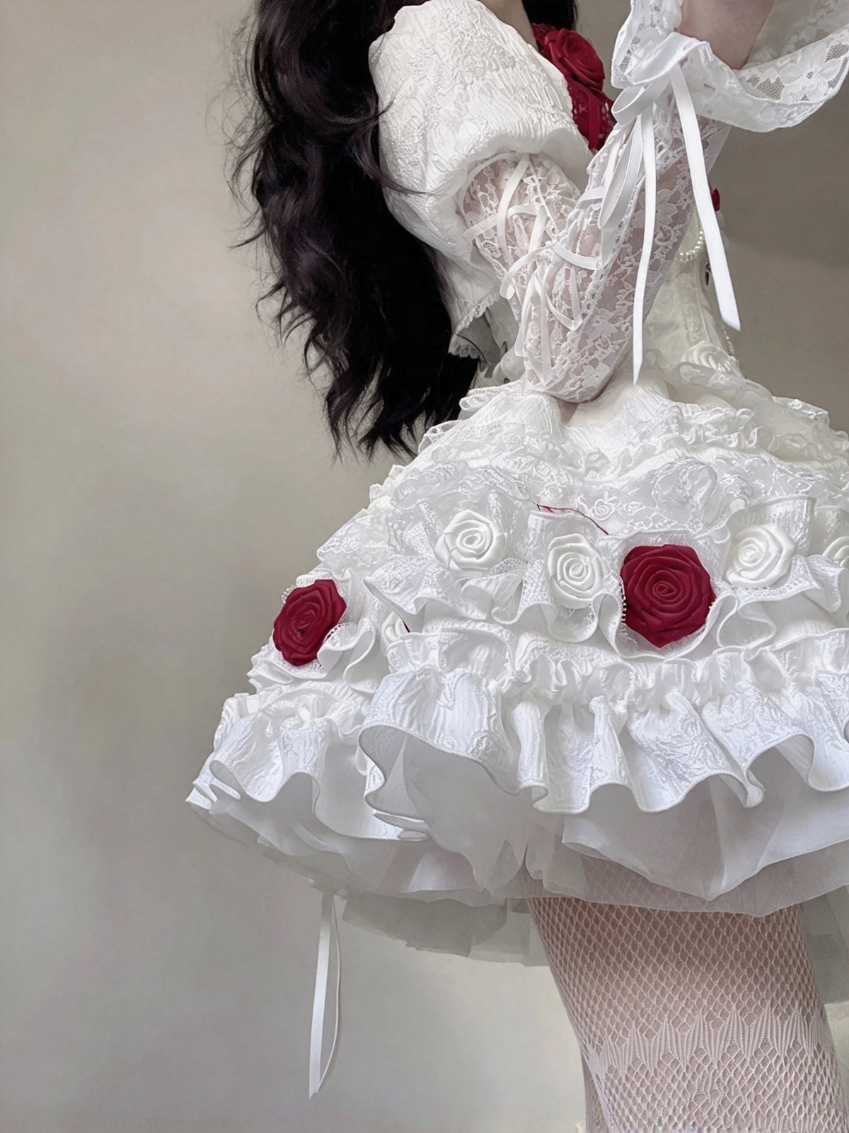Romantic White Puff Sleeve Cutout Front Lace 3D Red Rose Beaded A Line Short Homecoming Dress AS3001