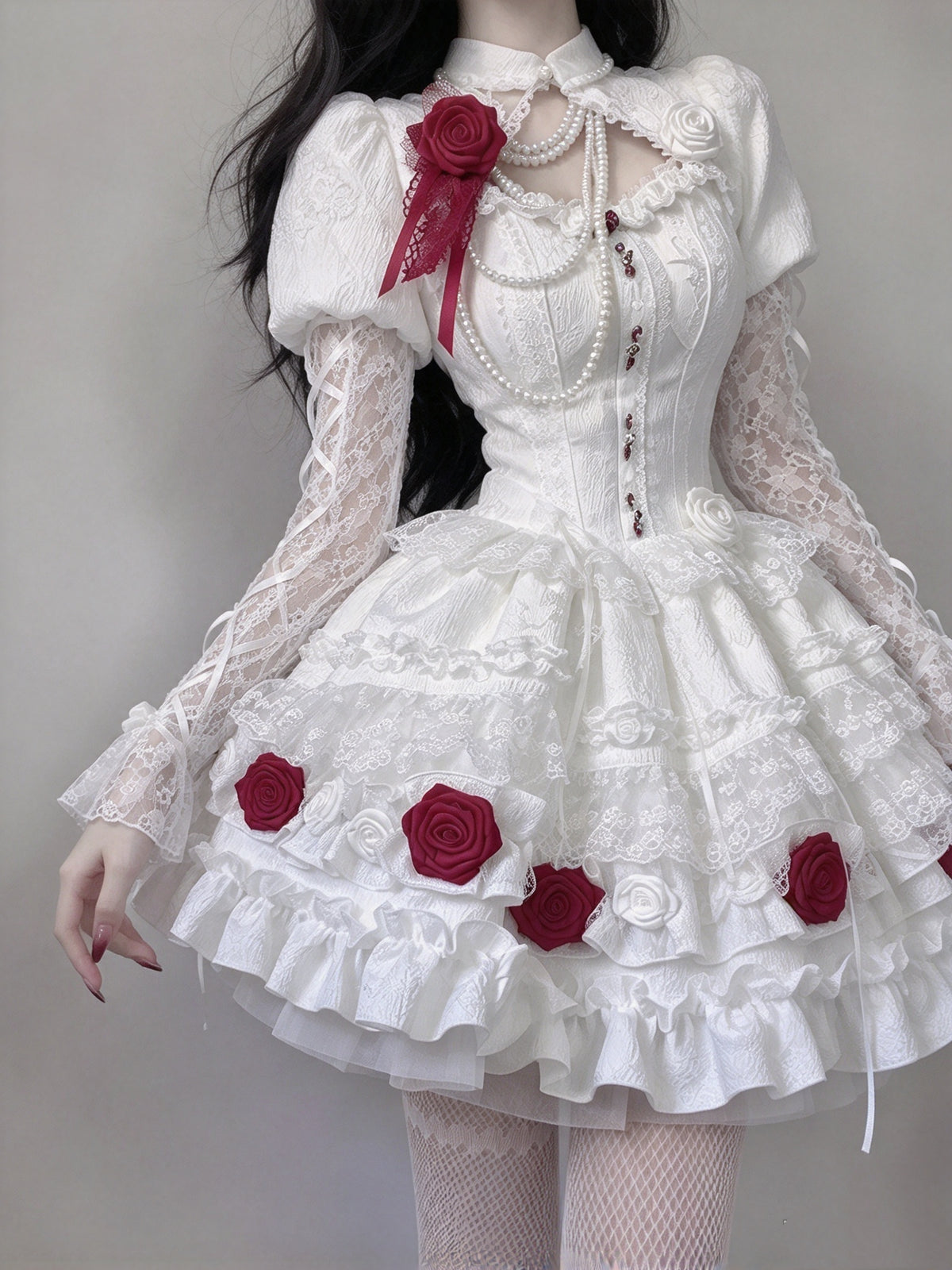 Romantic White Puff Sleeve Cutout Front Lace 3D Red Rose Beaded A Line Short Homecoming Dress AS3001