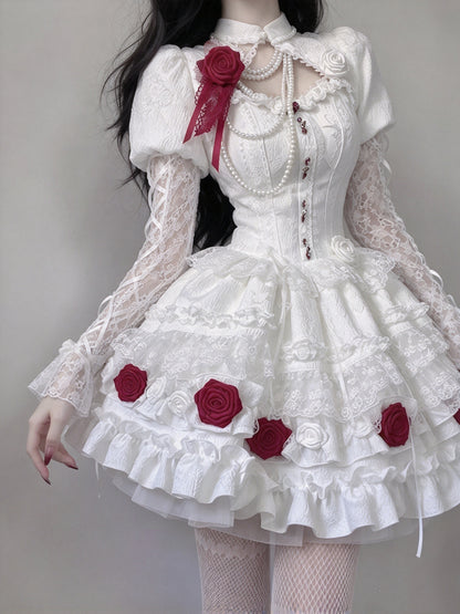 Romantic White Puff Sleeve Cutout Front Lace 3D Red Rose Beaded A Line Short Homecoming Dress AS3001