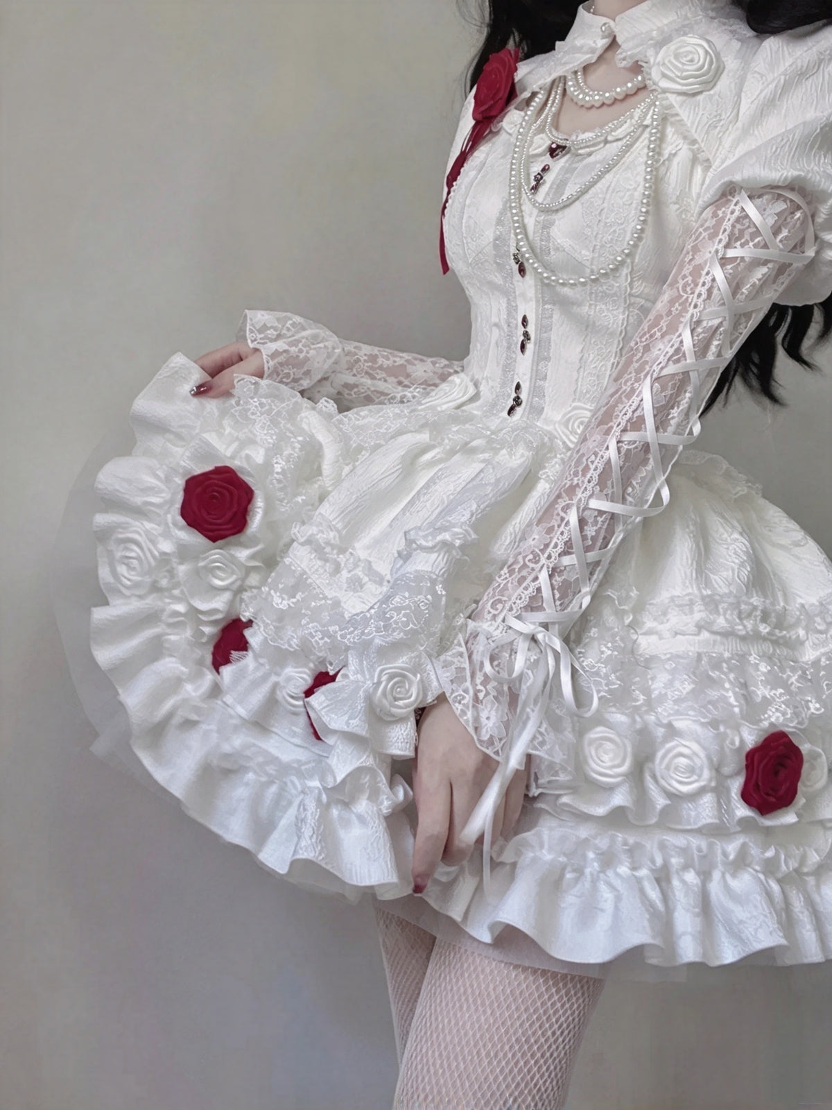 Romantic White Puff Sleeve Cutout Front Lace 3D Red Rose Beaded A Line Short Homecoming Dress AS3001