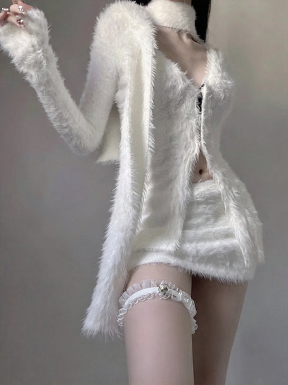 Luxury White Fuzzy V Neck Long Sleeve Top Mini Bodycon Skirt Set With Long Neck Sash Homecoming Dress Party Dress AS3002