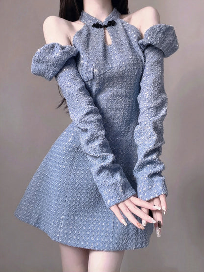Charming Blue Sequin Halter Cold Shoulder Puff Long Sleeve A-line Short Homecoming Dress AS3004
