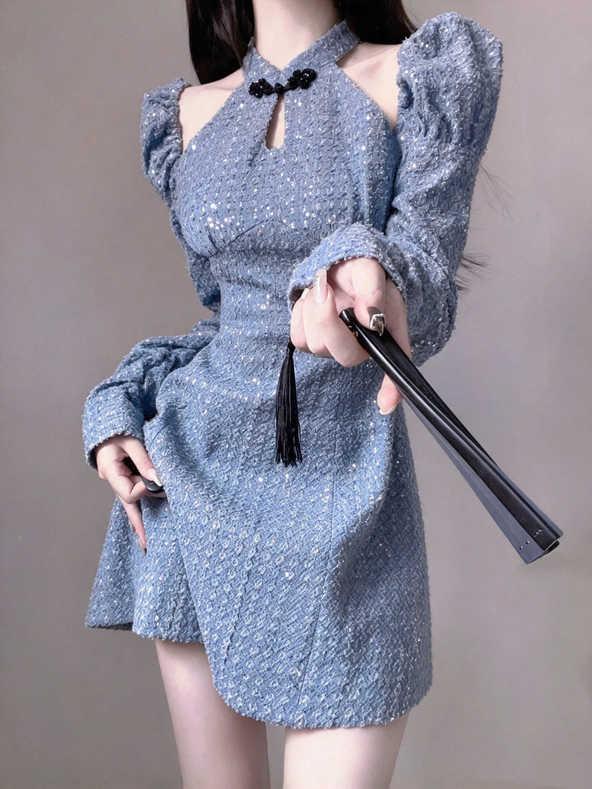 Charming Blue Sequin Halter Cold Shoulder Puff Long Sleeve A-line Short Homecoming Dress AS3004