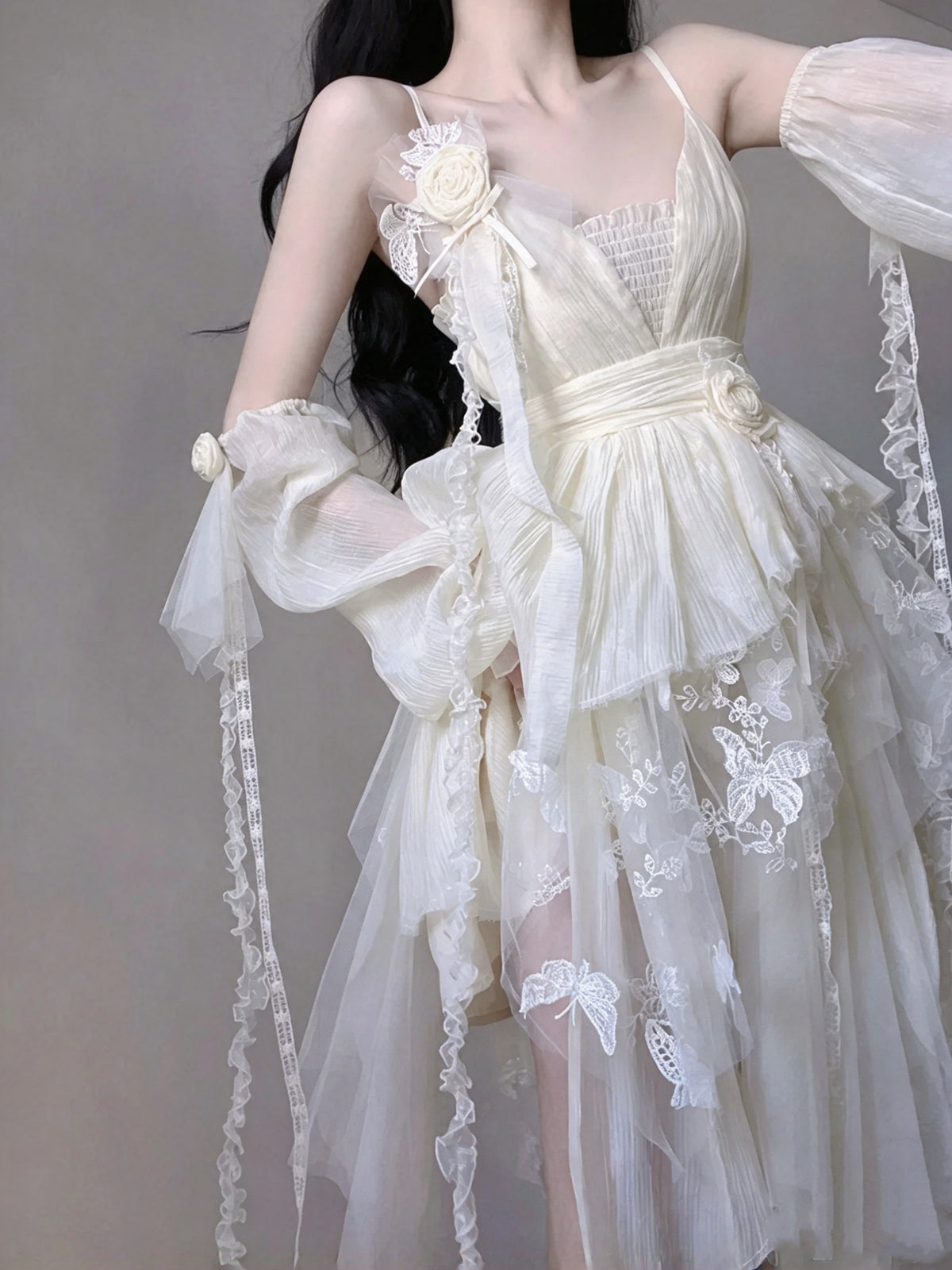 Ethereal Ivory Spaghetti Strap 3D Rose Butterfly Appliaues A Line Short Homecoming Dress AS3005