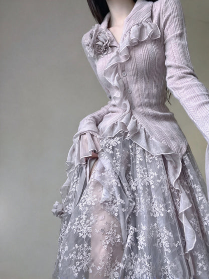 Vintage Dusty Lavender Ruffle Collar Knit Top Floral Appliques A Line Midi Skirt Set Homecoming Dress AS3006