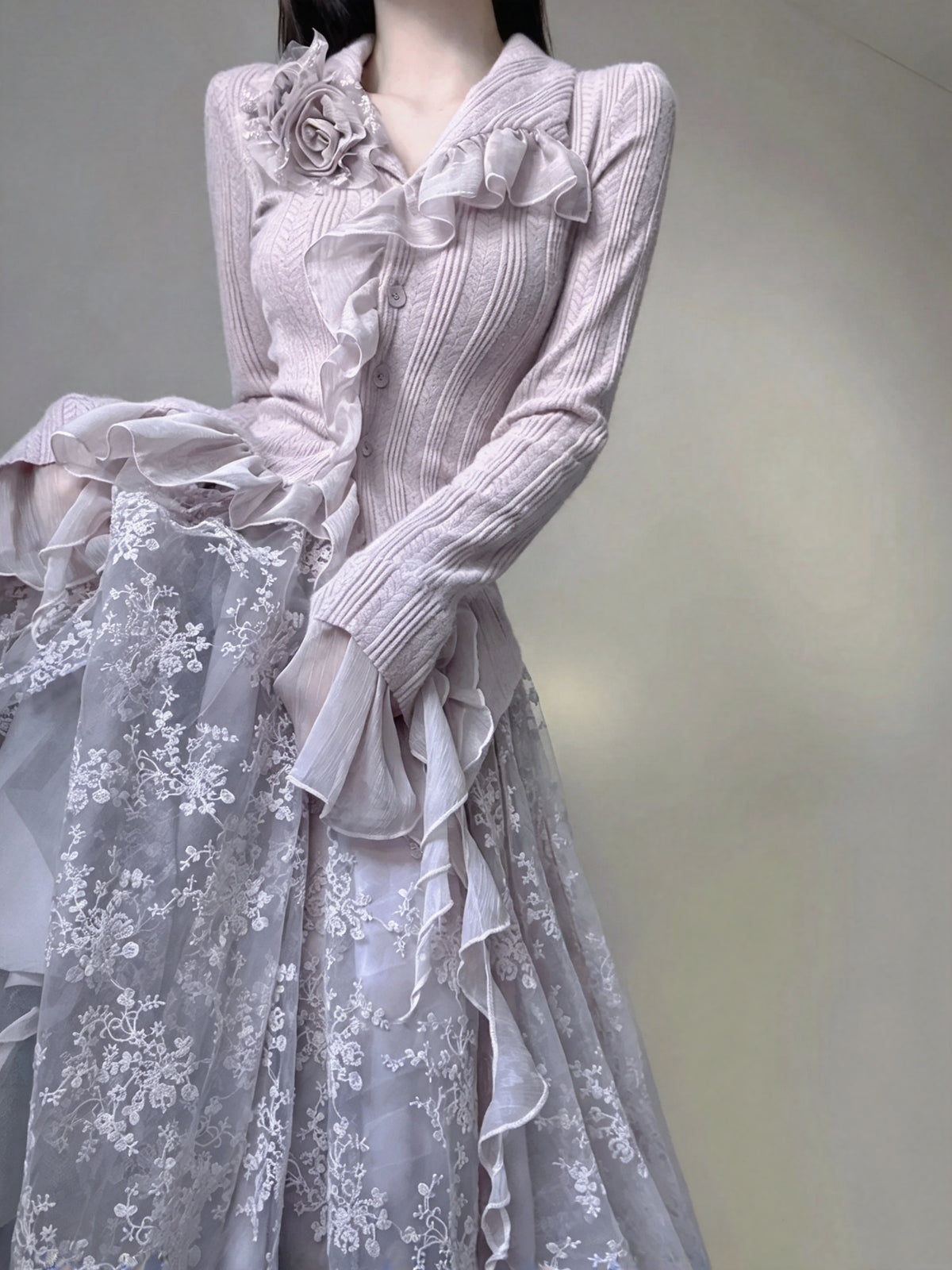 Vintage Dusty Lavender Ruffle Collar Knit Top Floral Appliques A Line Midi Skirt Set Homecoming Dress AS3006