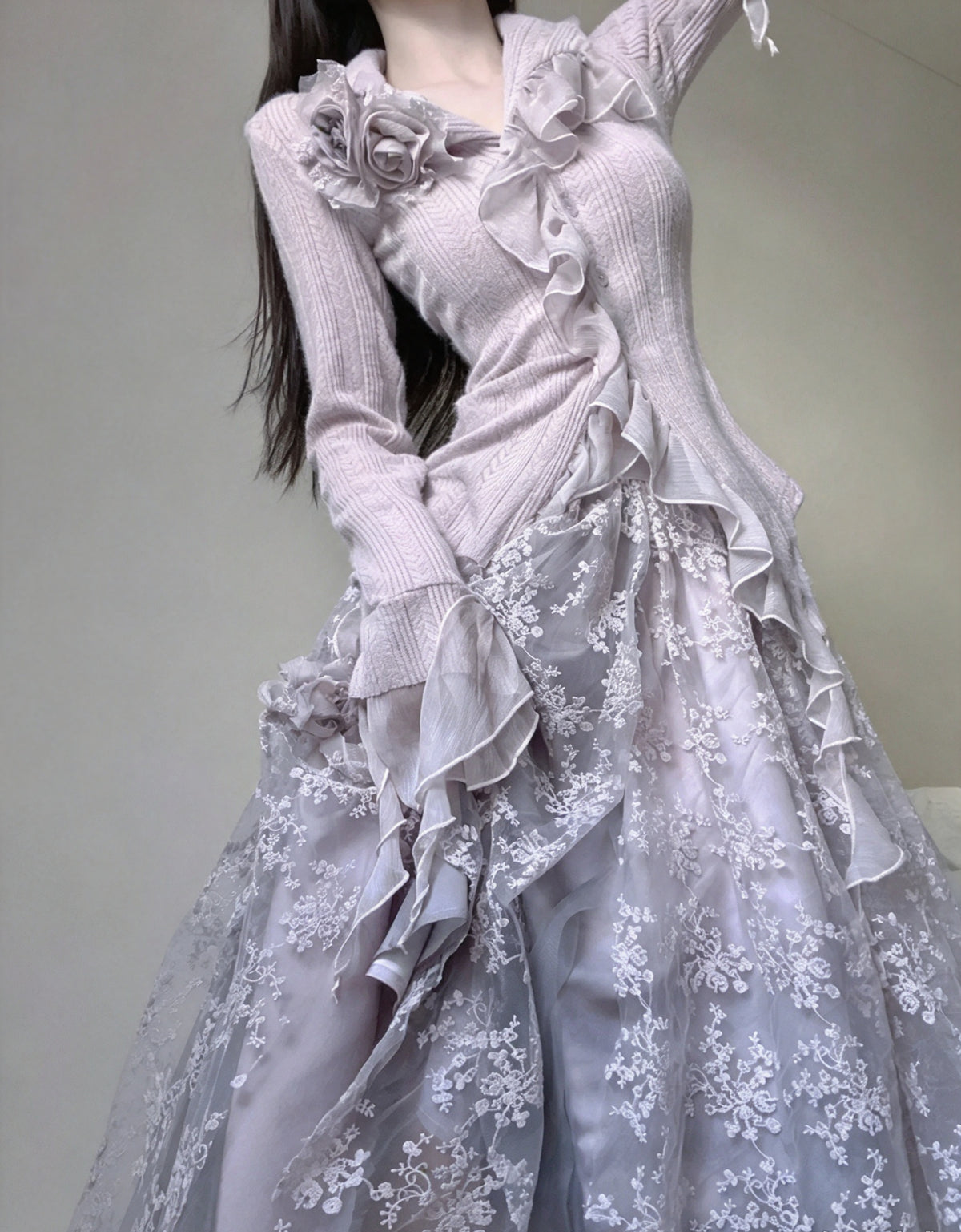 Vintage Dusty Lavender Ruffle Collar Knit Top Floral Appliques A Line Midi Skirt Set Homecoming Dress AS3006