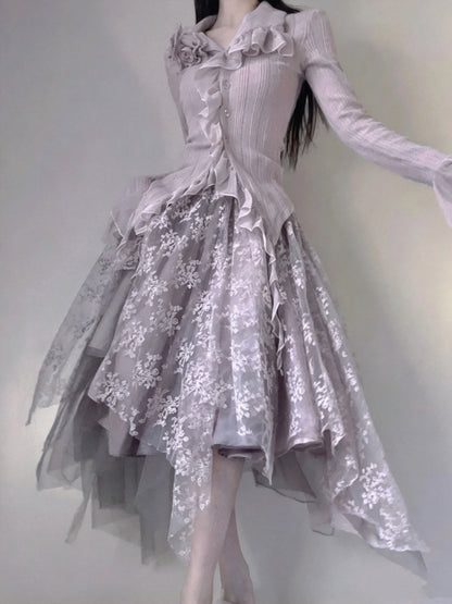 Vintage Dusty Lavender Ruffle Collar Knit Top Floral Appliques A Line Midi Skirt Set Homecoming Dress AS3006