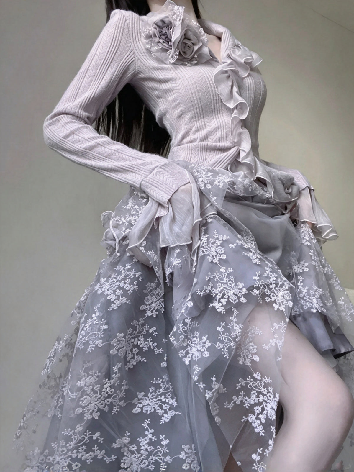 Vintage Dusty Lavender Ruffle Collar Knit Top Floral Appliques A Line Midi Skirt Set Homecoming Dress AS3006