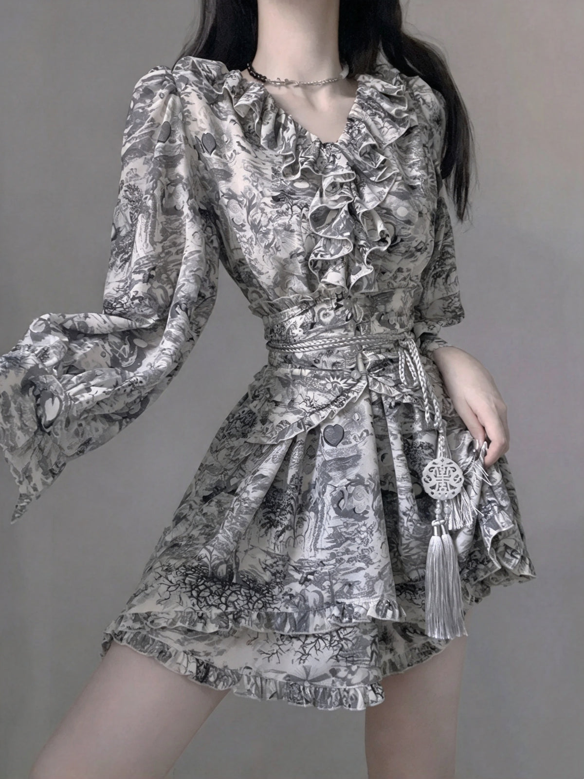 Vintage Print Puff Long Sleeve Ruffle V Neck Tassel Belt A Line Short Homecoming Dress AS3010